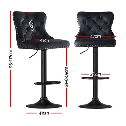 Artiss 4x Velvet Bar Stool Adjustable Height Nailhead Trim Kitchen Counter Stool BA-K-1105-BKX4
