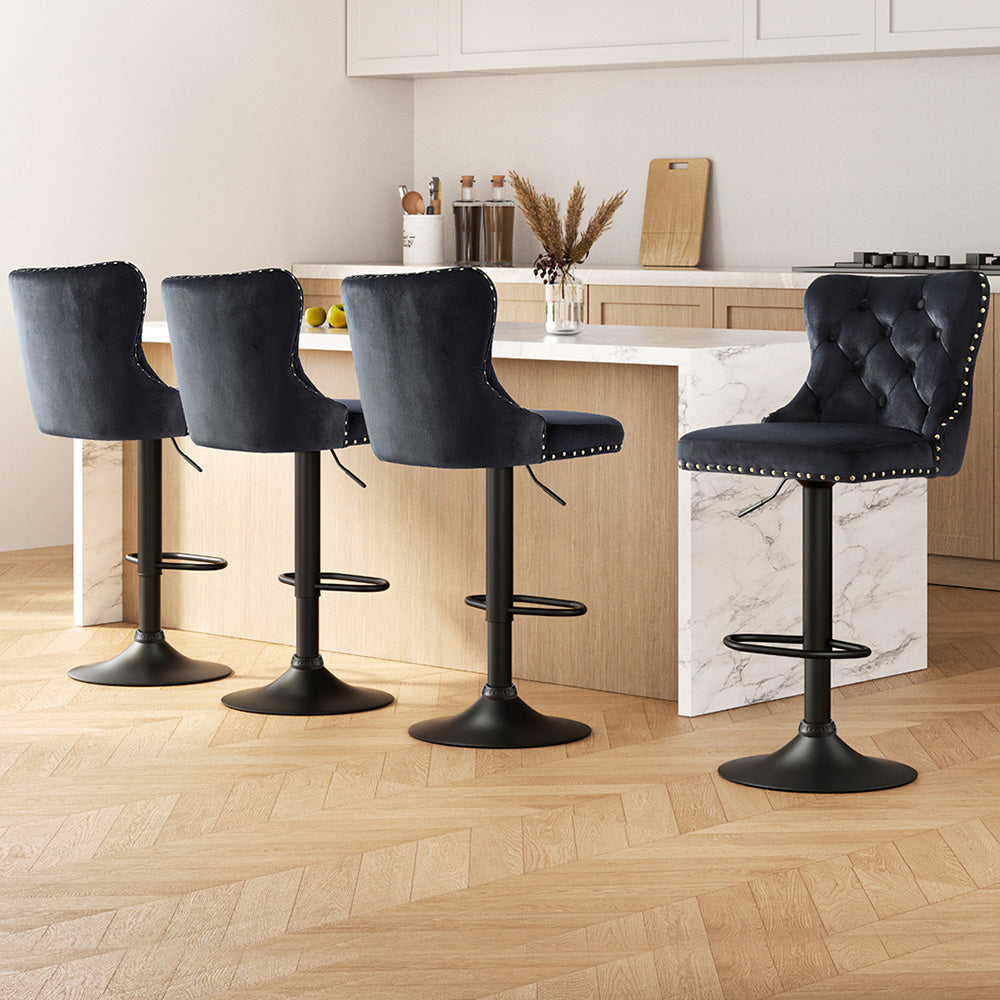 Artiss 4x Velvet Bar Stool Adjustable Height Nailhead Trim Kitchen Counter Stool BA-K-1105-BKX4