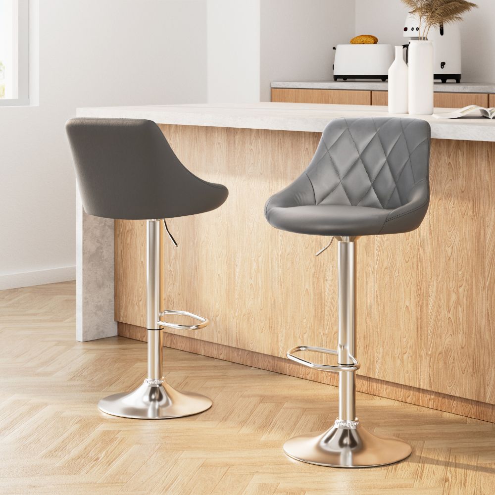 Artiss 2x Bar Stools Leather Padded Gas Lift Grey BA-K-704-GYX2