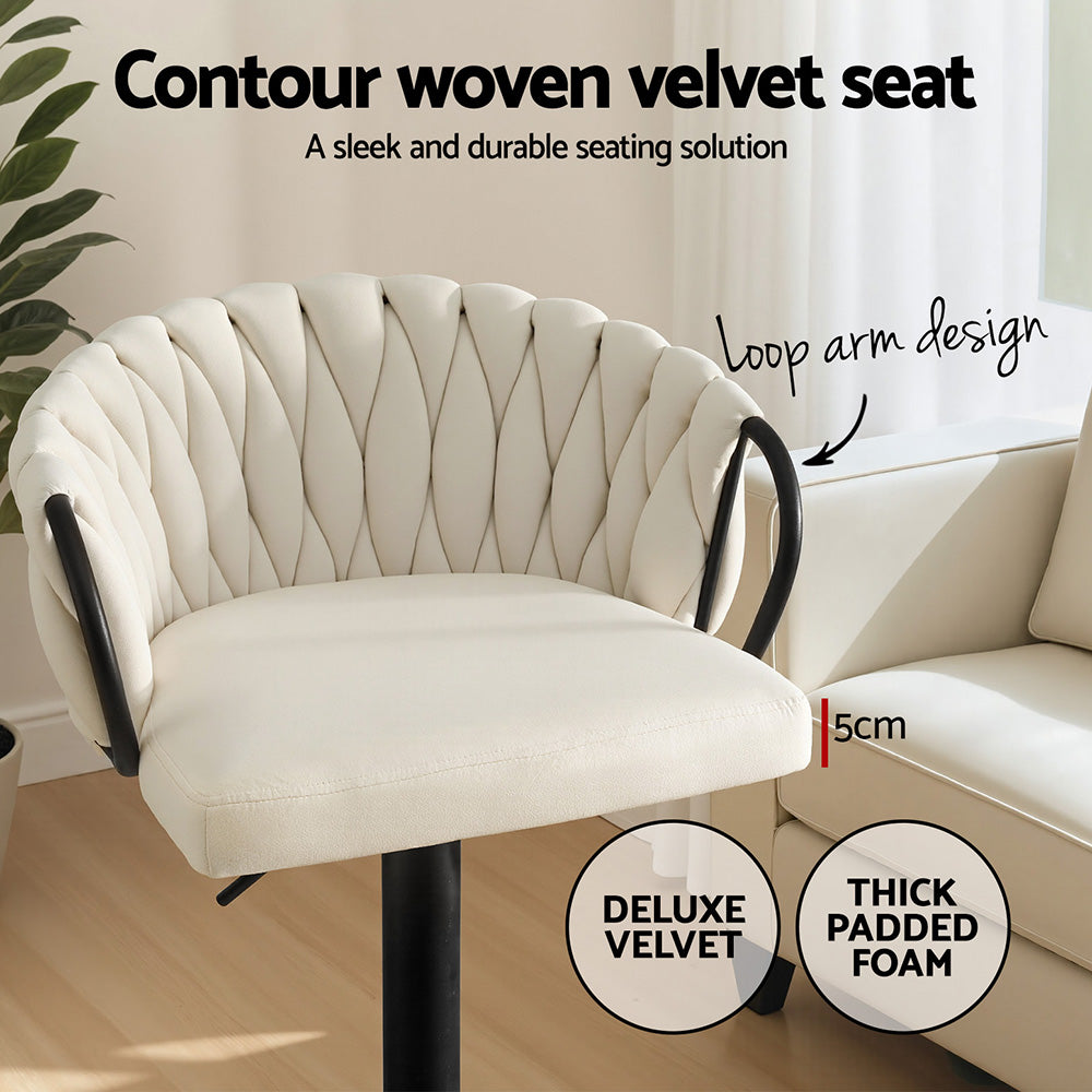 Artiss 1x Bar Stool Single Kitchen Dining Chair Counter Stool Woven Velvet Ivory BA-K-71096-BG