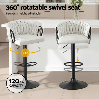 Artiss Bar Stool x2 Kitchen Dining Chair Counter Gaslift Woven Velvet Ivory BA-K-71096-BGX2