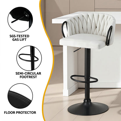 Artiss Bar Stool x2 Kitchen Dining Chair Counter Gaslift Woven Velvet Ivory BA-K-71096-BGX2