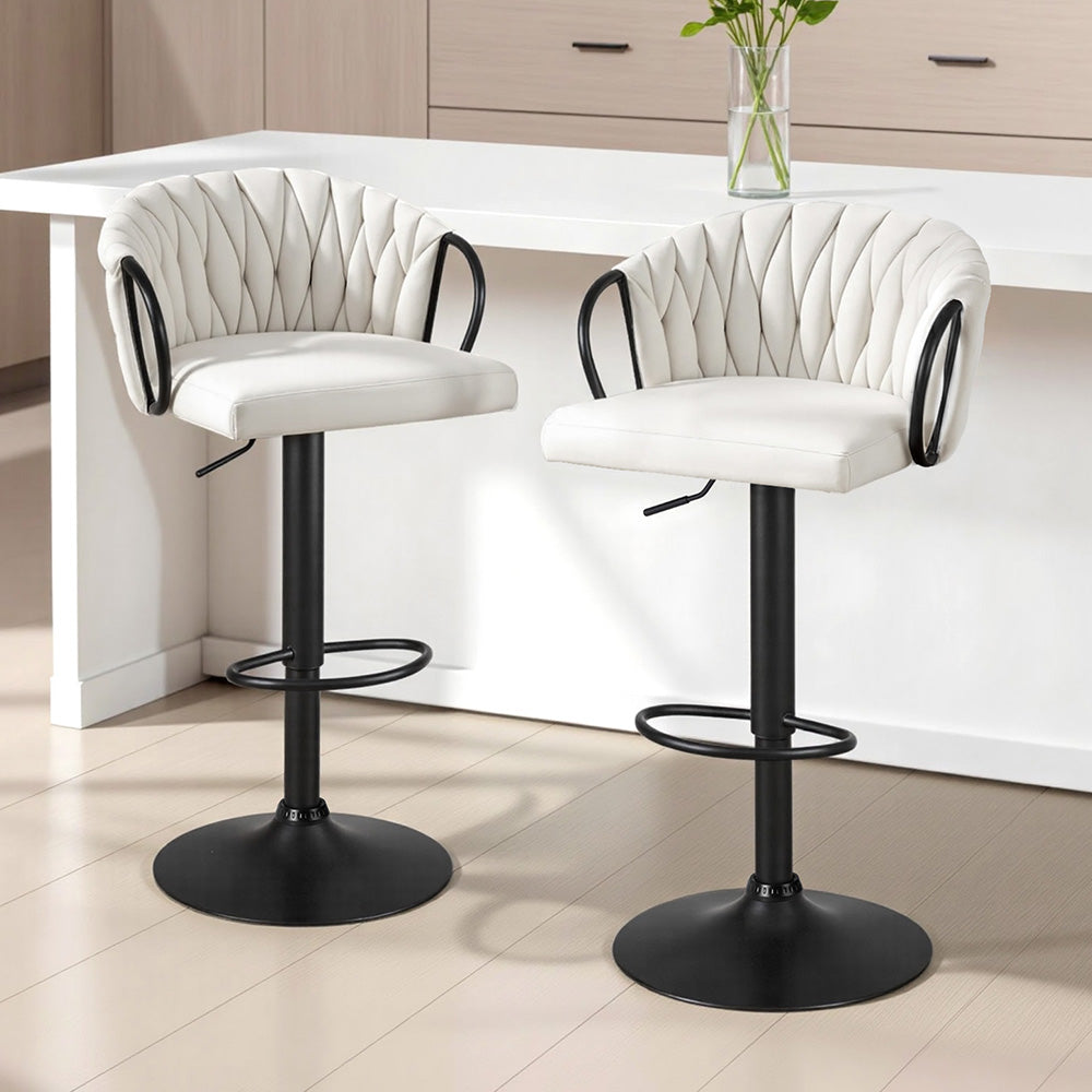 Artiss Bar Stool x2 Kitchen Dining Chair Counter Gaslift Woven Velvet Ivory BA-K-71096-BGX2