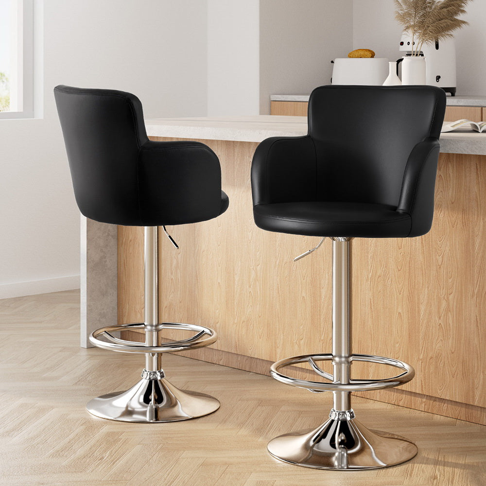 Artiss 2x Leather Bar Stools Swivel Adjustable Gas Lift PU Counter Chairs Black BA-K-7200-BKX2