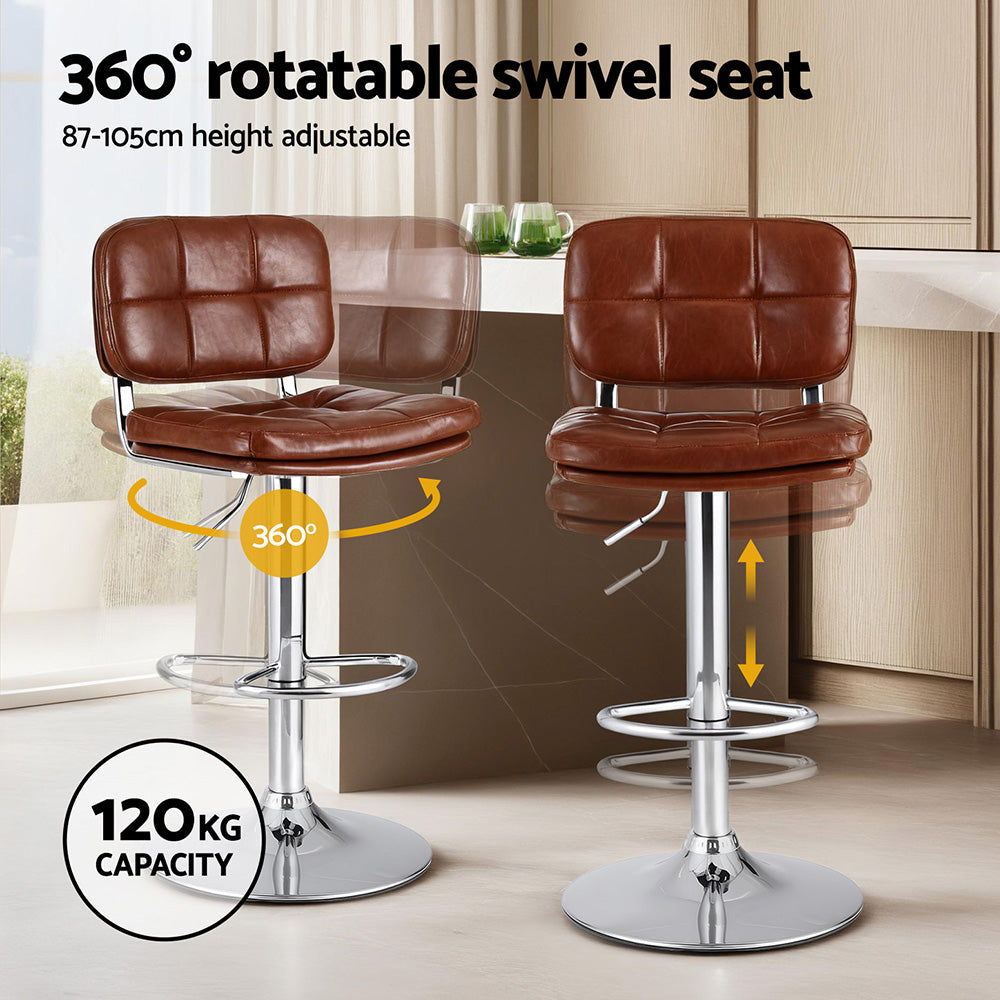 Artiss 2x Bar Stools Kitchen Swivel Gas Lift Counter Chair Tuft PU Leather Brown BA-K-778-BRX2