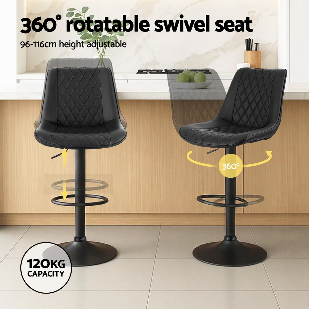 Artiss 2x Bar Stools Kitchen Swivel Gas Lift Counter Chair Diamond Leather Black BA-K-799G-BKX2
