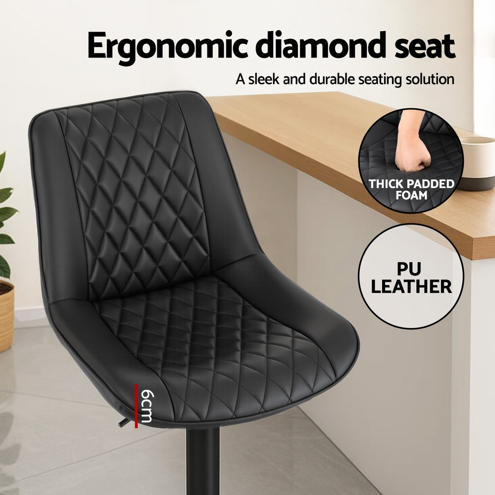 Artiss 2x Bar Stools Kitchen Swivel Gas Lift Counter Chair Diamond Leather Black BA-K-799G-BKX2