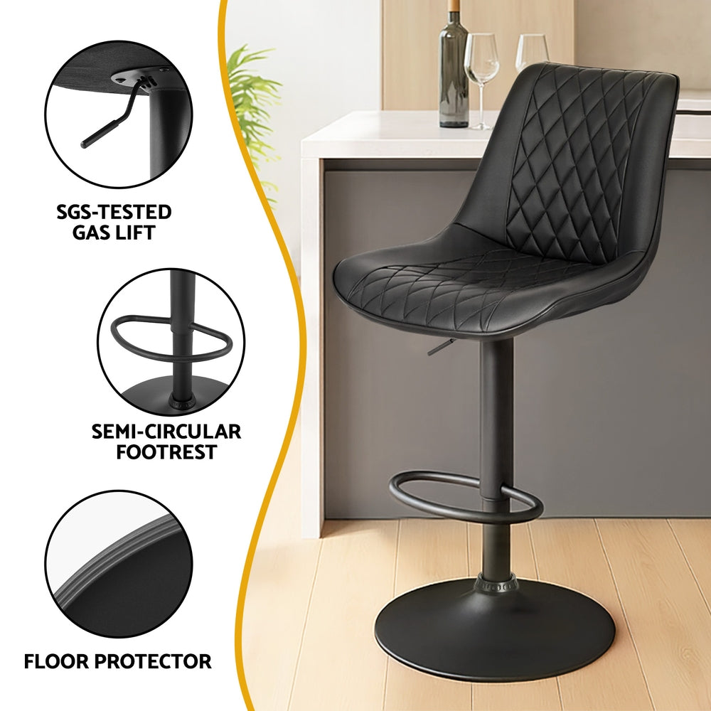 Artiss 2x Bar Stools Kitchen Swivel Gas Lift Counter Chair Diamond Leather Black BA-K-799G-BKX2