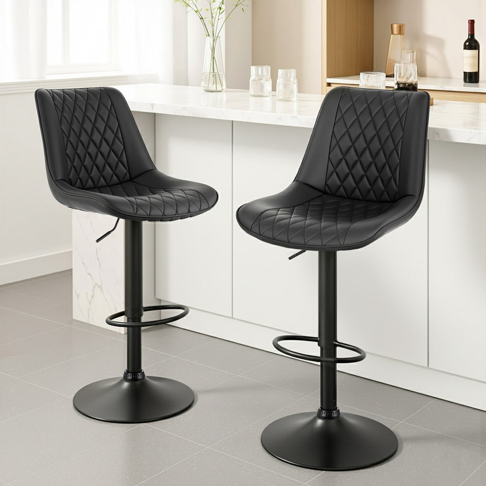 Artiss 2x Bar Stools Kitchen Swivel Gas Lift Counter Chair Diamond Leather Black BA-K-799G-BKX2