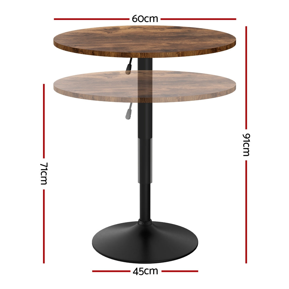 Artiss Height Adjustable Bar Table 360 Swivel Round Gaslift Design 60cm Rustic Brown Black BA-K-TB304-BR