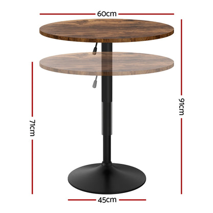 Artiss Height Adjustable Bar Table 360 Swivel Round Gaslift Design 60cm Rustic Brown Black BA-K-TB304-BR