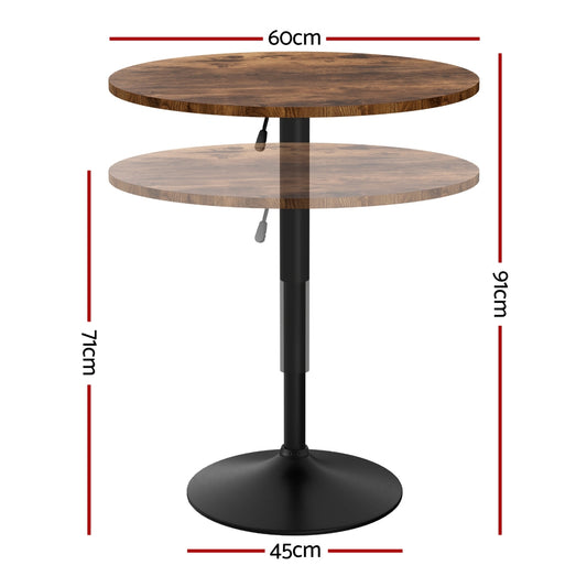 Artiss Height Adjustable Bar Table 360 Swivel Round Gaslift Design 60cm Rustic Brown Black BA-K-TB304-BR