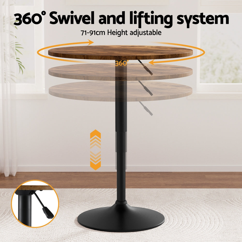 Artiss Height Adjustable Bar Table 360 Swivel Round Gaslift Design 60cm Rustic Brown Black BA-K-TB304-BR