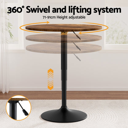 Artiss Height Adjustable Bar Table 360 Swivel Round Gaslift Design 60cm Rustic Brown Black BA-K-TB304-BR