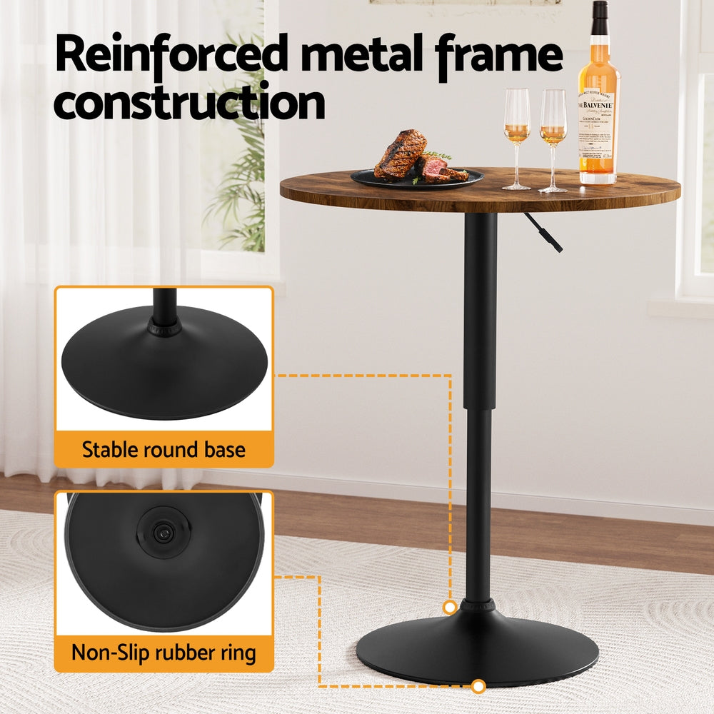 Artiss Height Adjustable Bar Table 360 Swivel Round Gaslift Design 60cm Rustic Brown Black BA-K-TB304-BR
