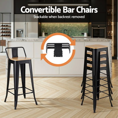 Artiss 2x Bar Stools Kitchen Counter High Chair Dining Stackable Metal Black BA-KJ-J004-WDX2