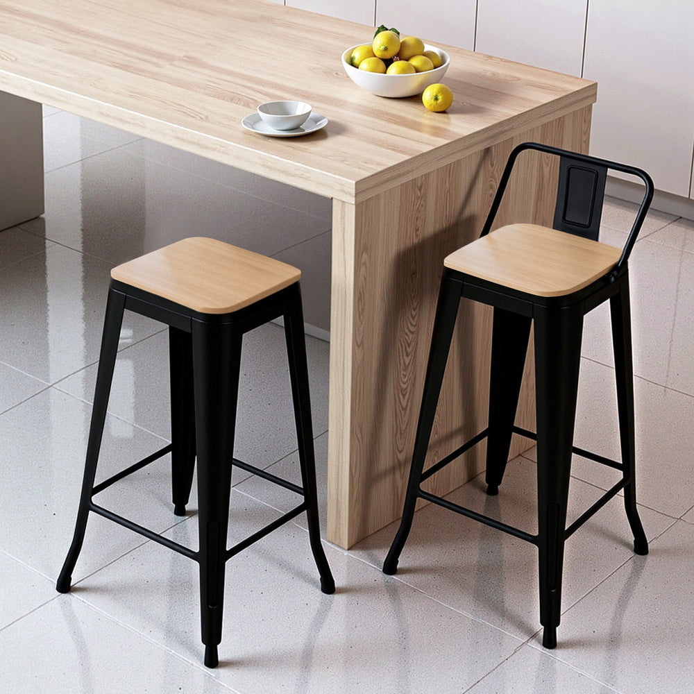 Artiss 2x Bar Stools Kitchen Counter High Chair Dining Stackable Metal Black BA-KJ-J004-WDX2
