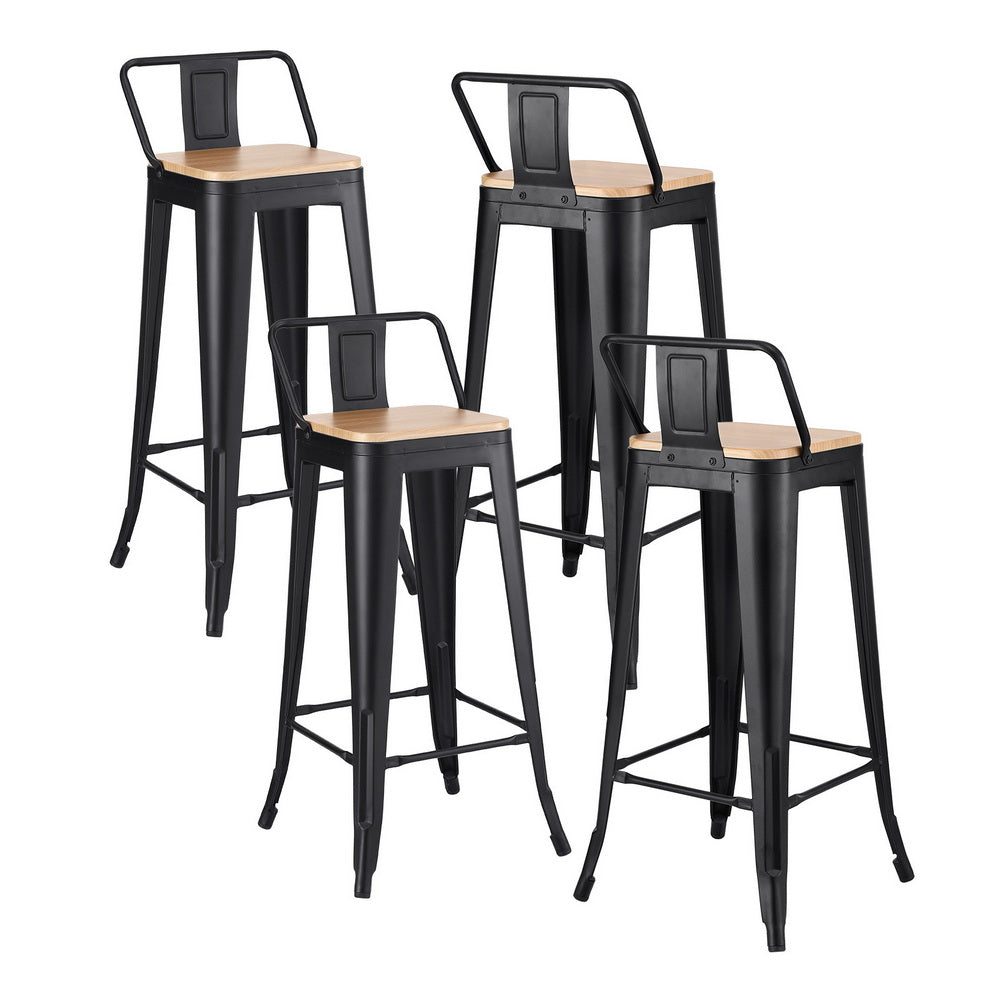 Artiss 4x Bar Stools Kitchen Counter High Chair Dining Stackable Metal Black BA-KJ-J004-WDX4