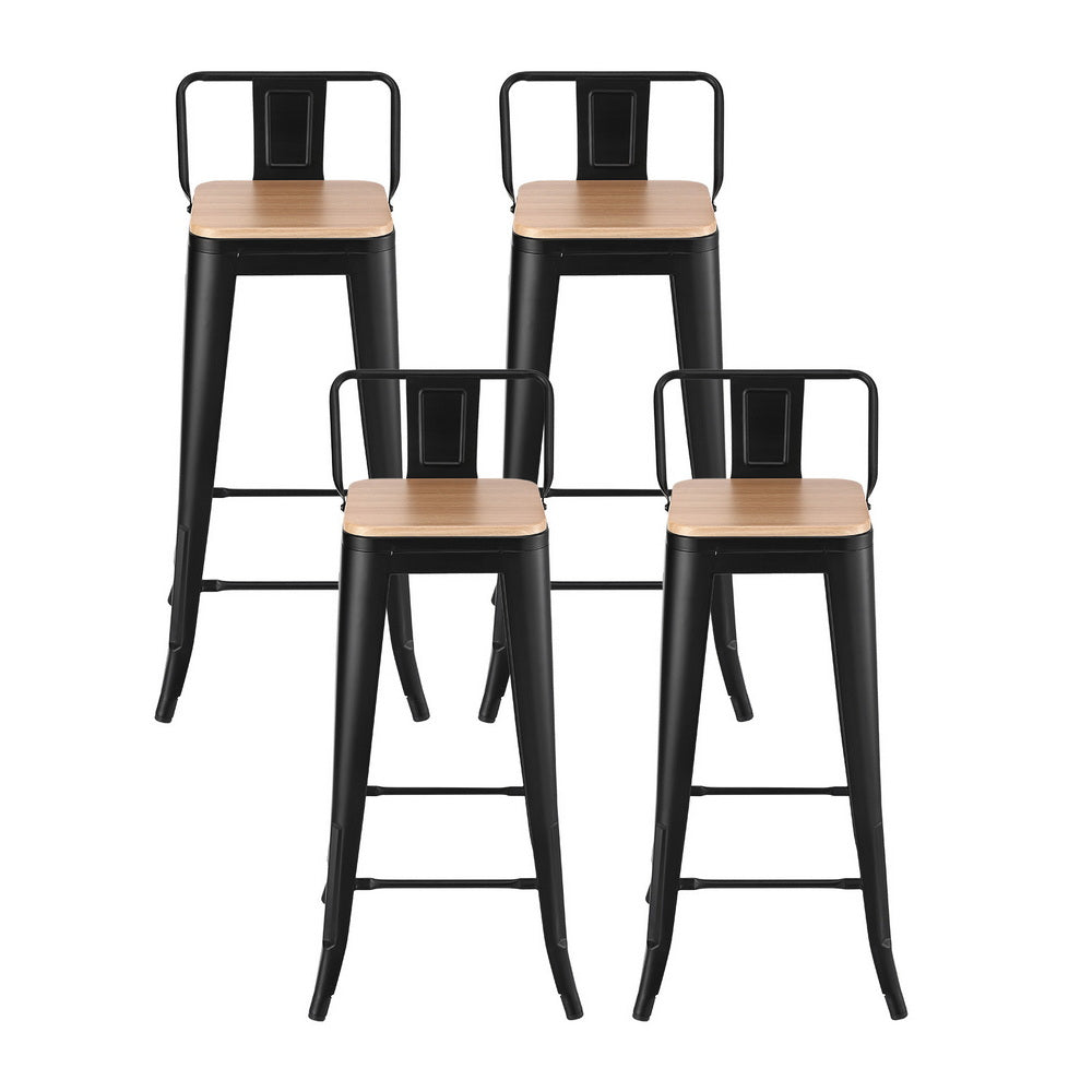 Artiss 4x Bar Stools Kitchen Counter High Chair Dining Stackable Metal Black BA-KJ-J004-WDX4
