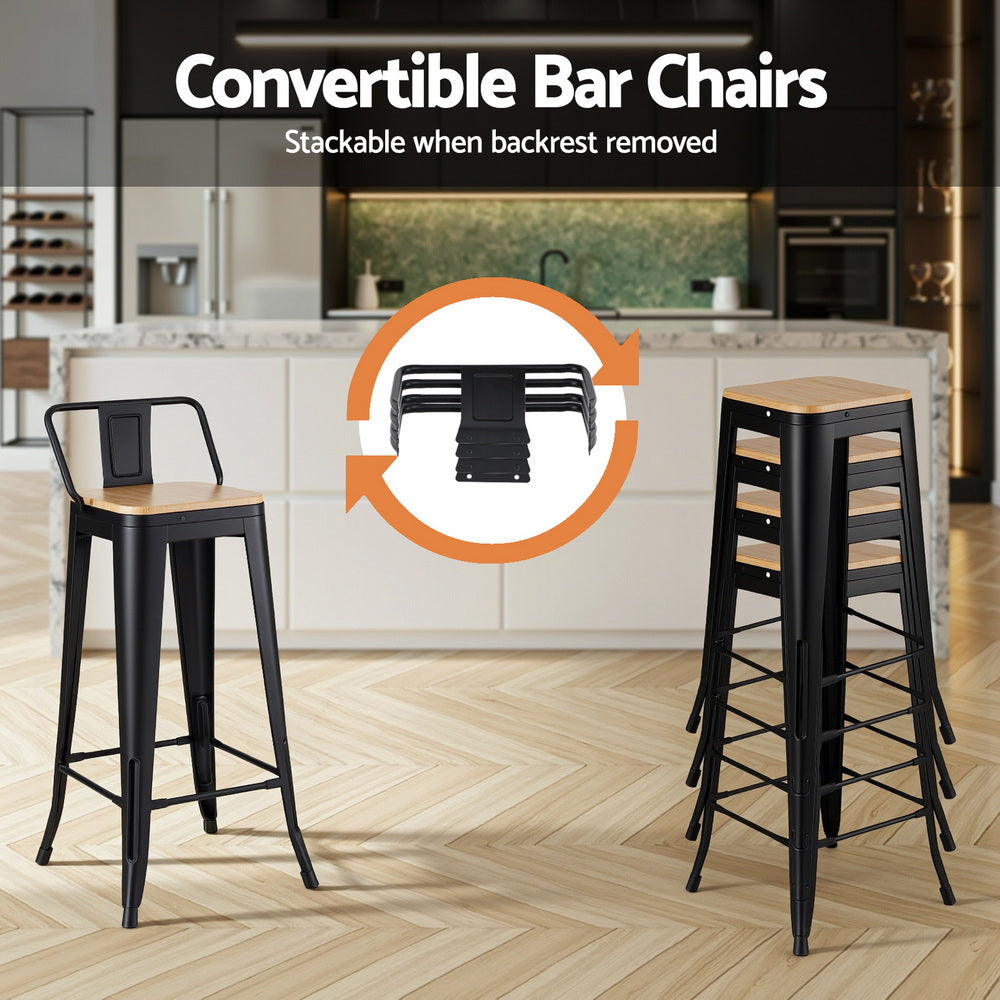 Artiss 4x Bar Stools Kitchen Counter High Chair Dining Stackable Metal Black BA-KJ-J004-WDX4