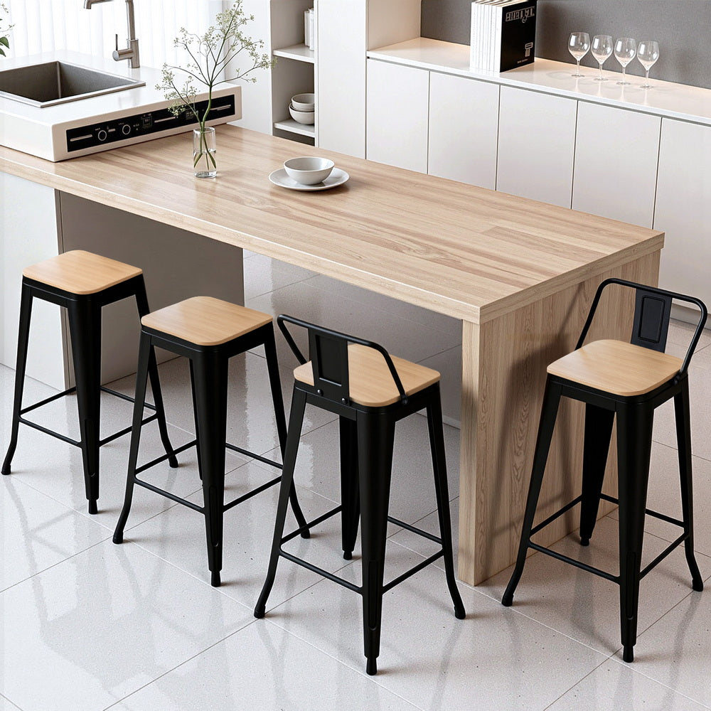Artiss 4x Bar Stools Kitchen Counter High Chair Dining Stackable Metal Black BA-KJ-J004-WDX4