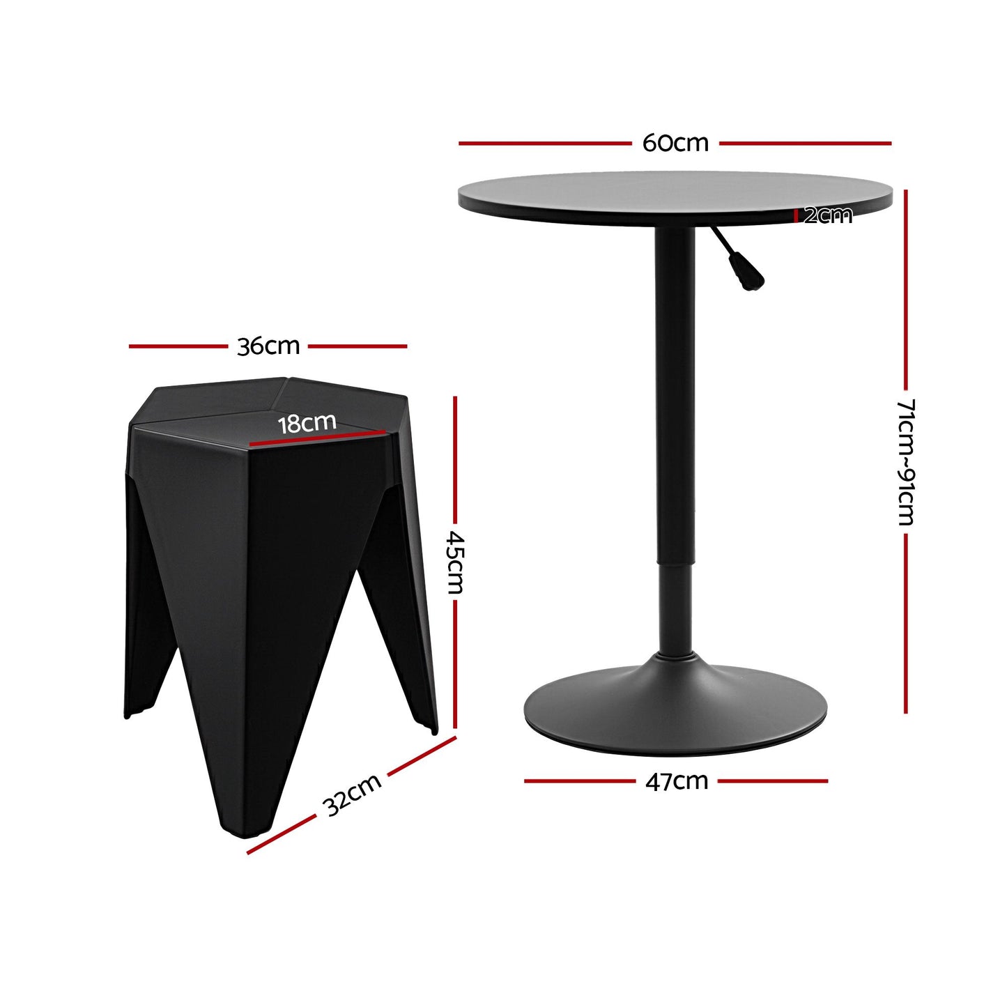 Artiss Bar Stools and Table Set 3PCS Dining Desk Kitchen Chairs Cafe Pub Black BA-SET-304-T-BK