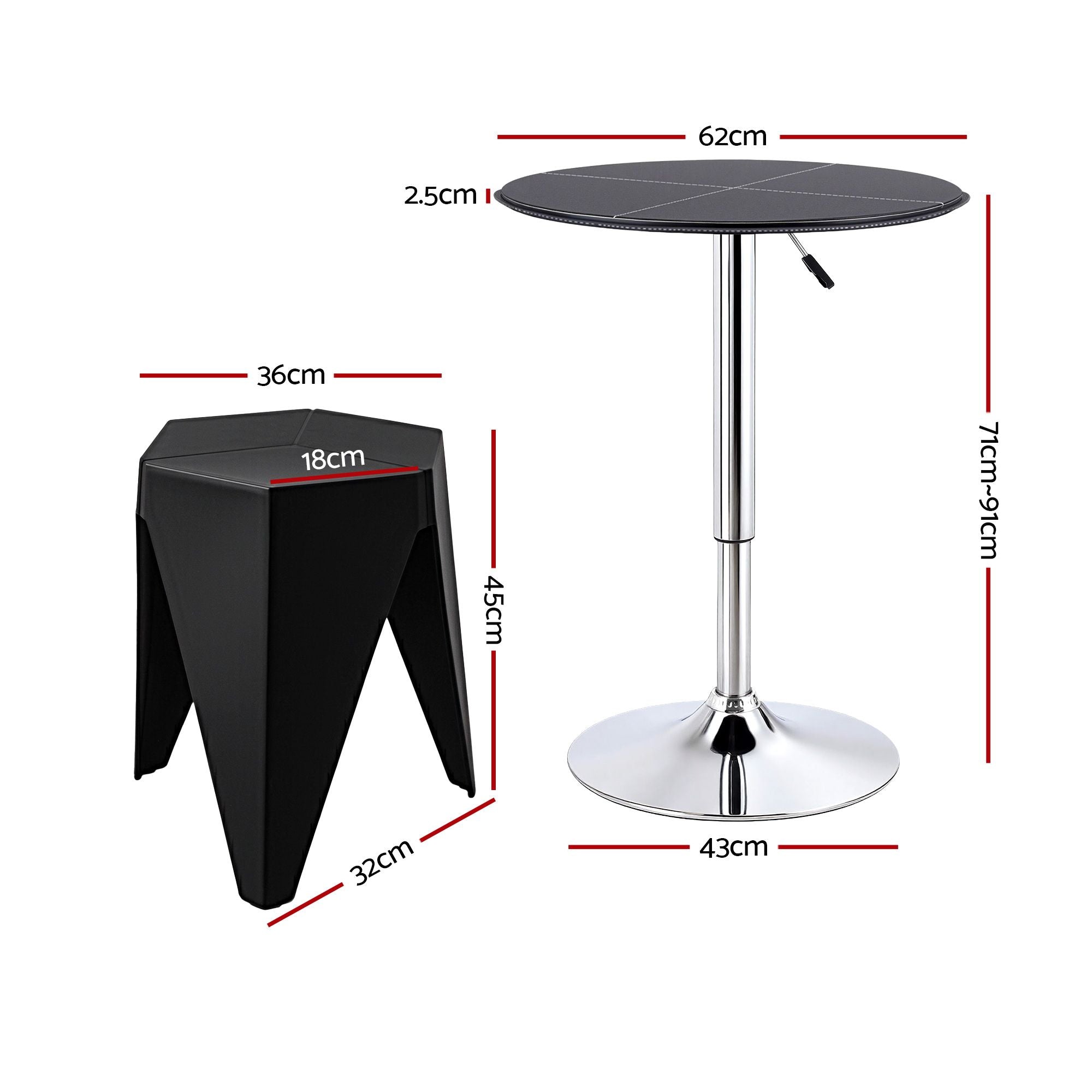 Artiss Bar Stools and Table Set 3PCS Dining Desk Kitchen Chair PVC Leather Black BA-SET-304PVC-T-BK