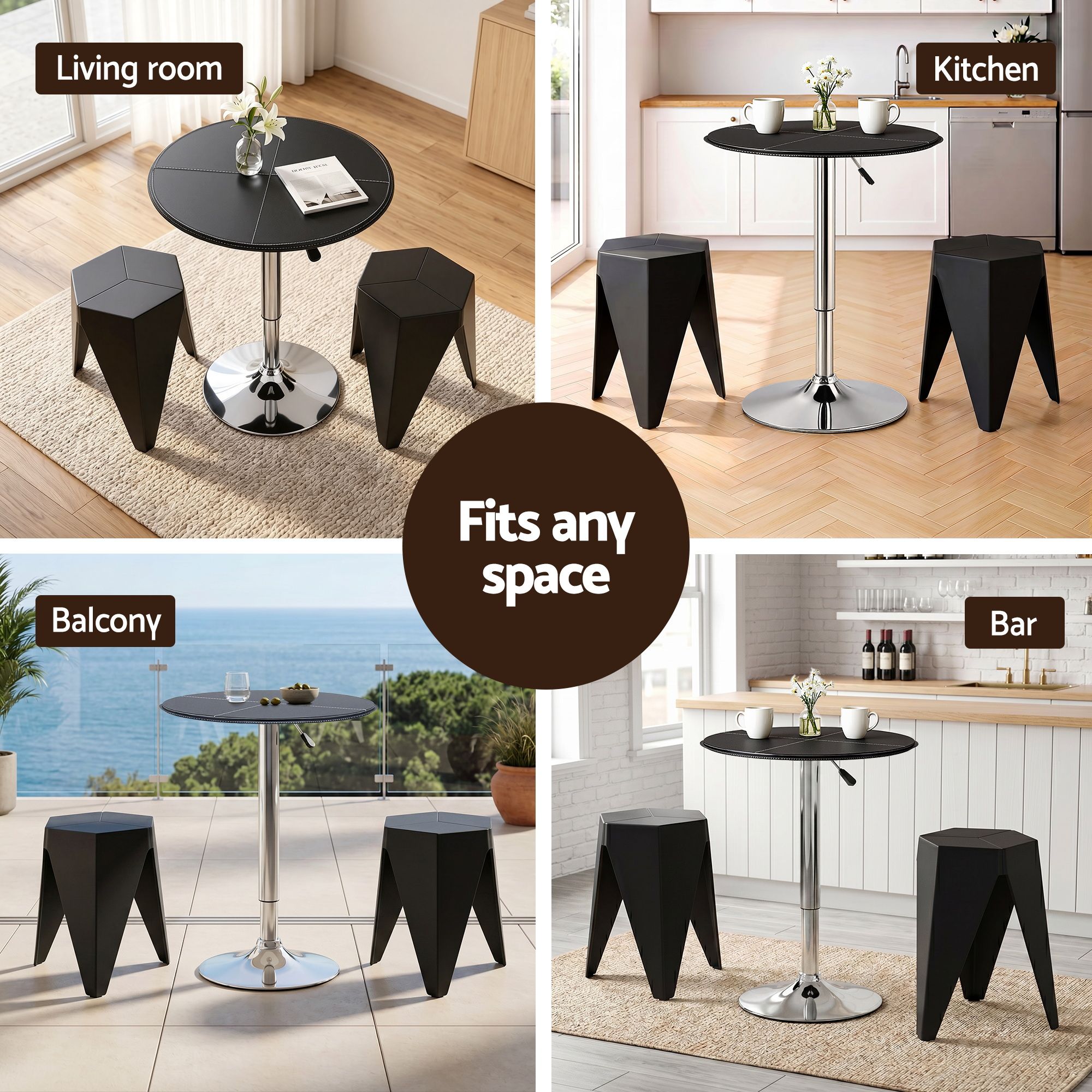 Artiss Bar Stools and Table Set 3PCS Dining Desk Kitchen Chair PVC Leather Black BA-SET-304PVC-T-BK