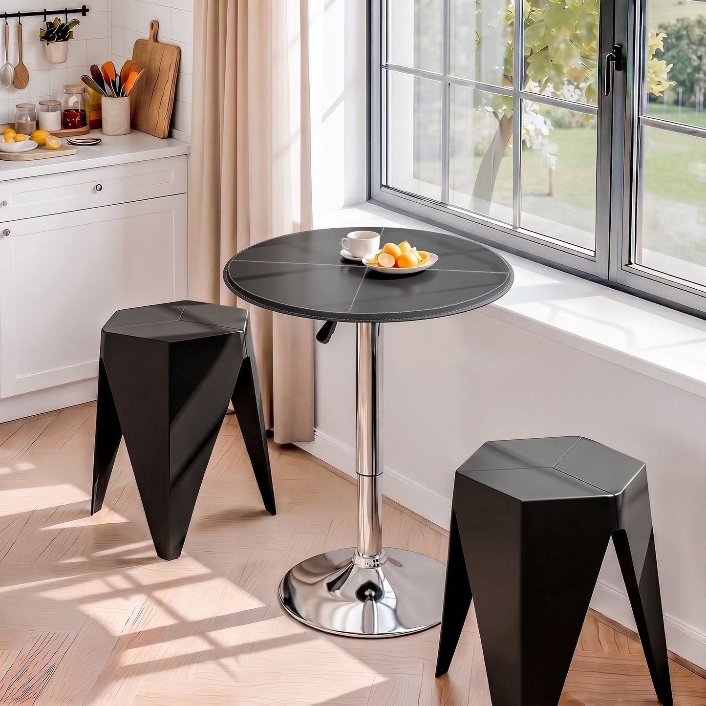 Artiss Bar Stools and Table Set 3PCS Dining Desk Kitchen Chair PVC Leather Black BA-SET-304PVC-T-BK