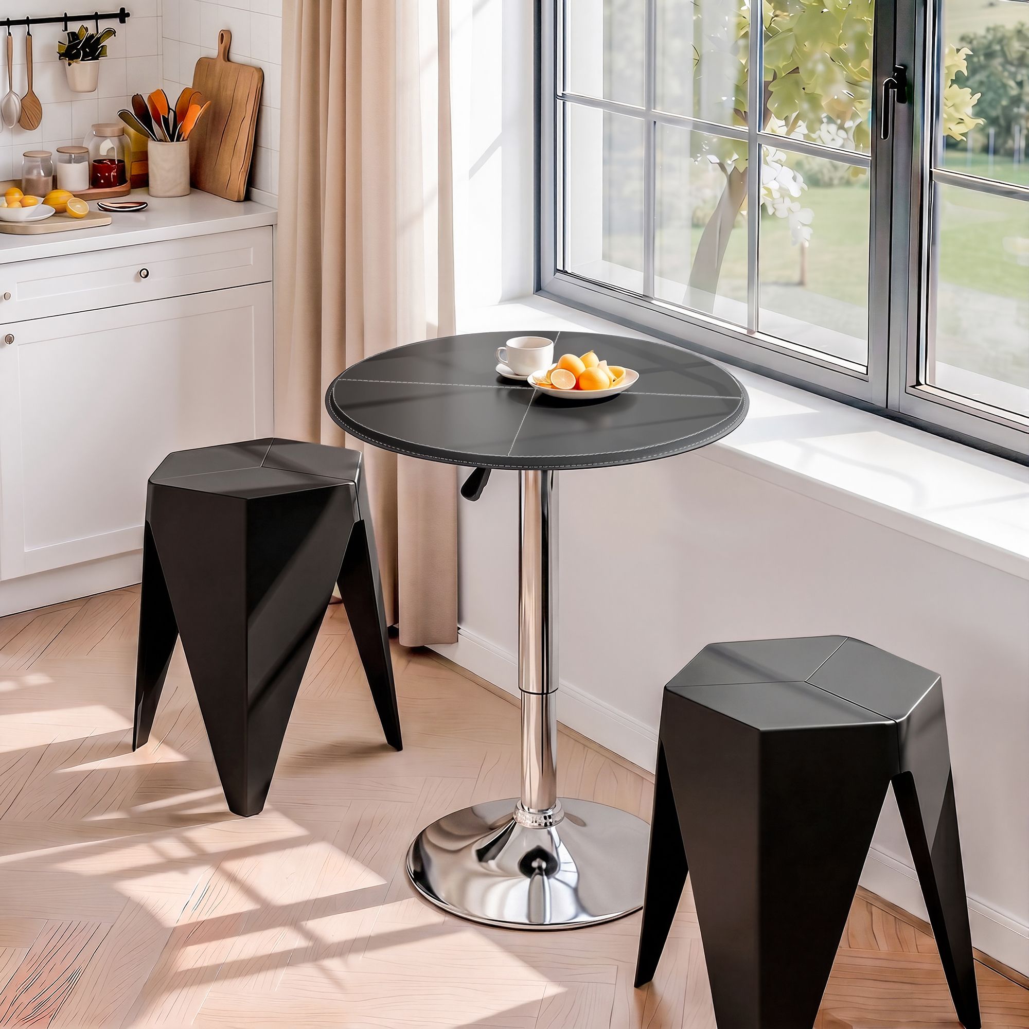 Artiss Bar Stools and Table Set 3PCS Dining Desk Kitchen Chair PVC Leather Black BA-SET-304PVC-T-BK