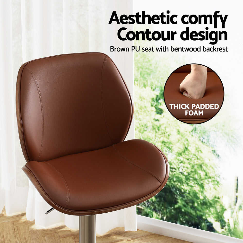 Artiss 1X Bar Stool Bentwood Swivel Adjustable Kitchen Dining Counter Stool Leather Brown BA-TW-1209-BR
