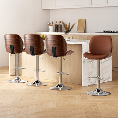 Artiss 4X Bar Stools Bentwood Adjustable Kitchen Counter Chair Leather Brown BA-TW-1209-BRX4