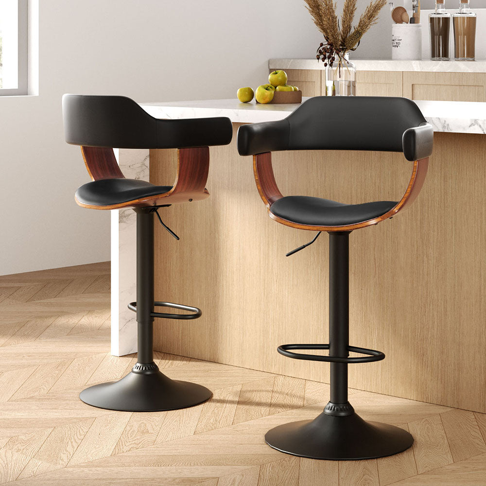 Artiss 2x Bar Stools Gas Lift Leather w/Armrest All Black BA-TW-8006B-BKX2