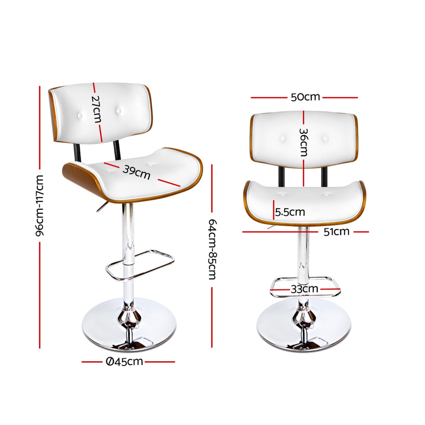 Artiss 2x Bar Stools Gas Lift Leather White BA-TW-8045-WHX2
