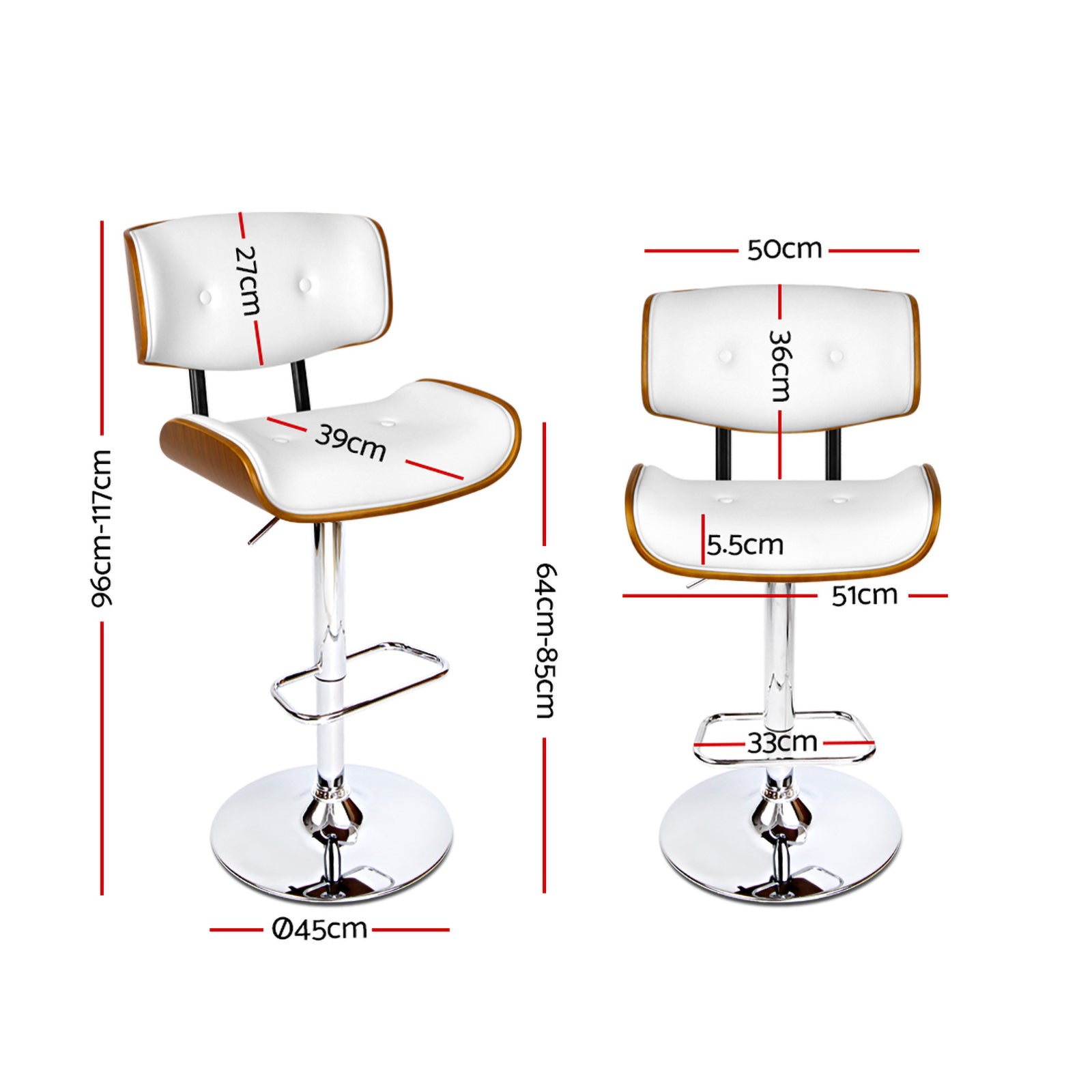 Artiss 2x Bar Stools Gas Lift Leather White BA-TW-8045-WHX2