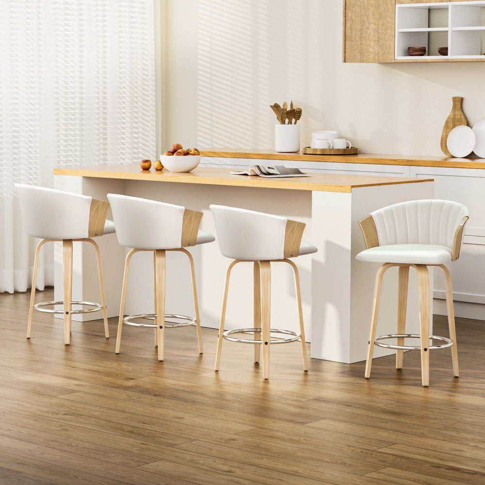 Artiss 4x Bar Stools Swivel Leather Chairs Wooden BA-TW-8091-WHX4