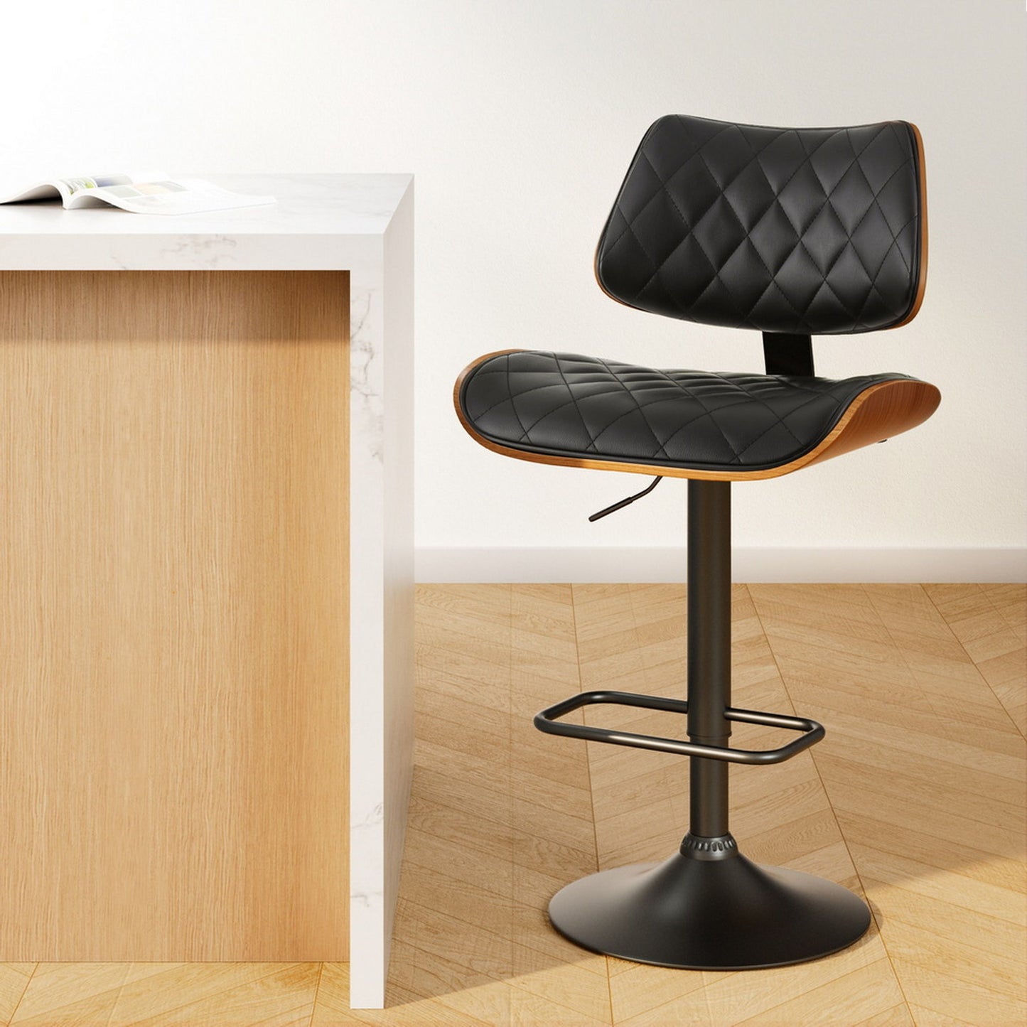 Artiss Bar Stools Kitchen Dining Chairs Gas Lift Stool Wooden Leather Black BA-TW-8095-BK