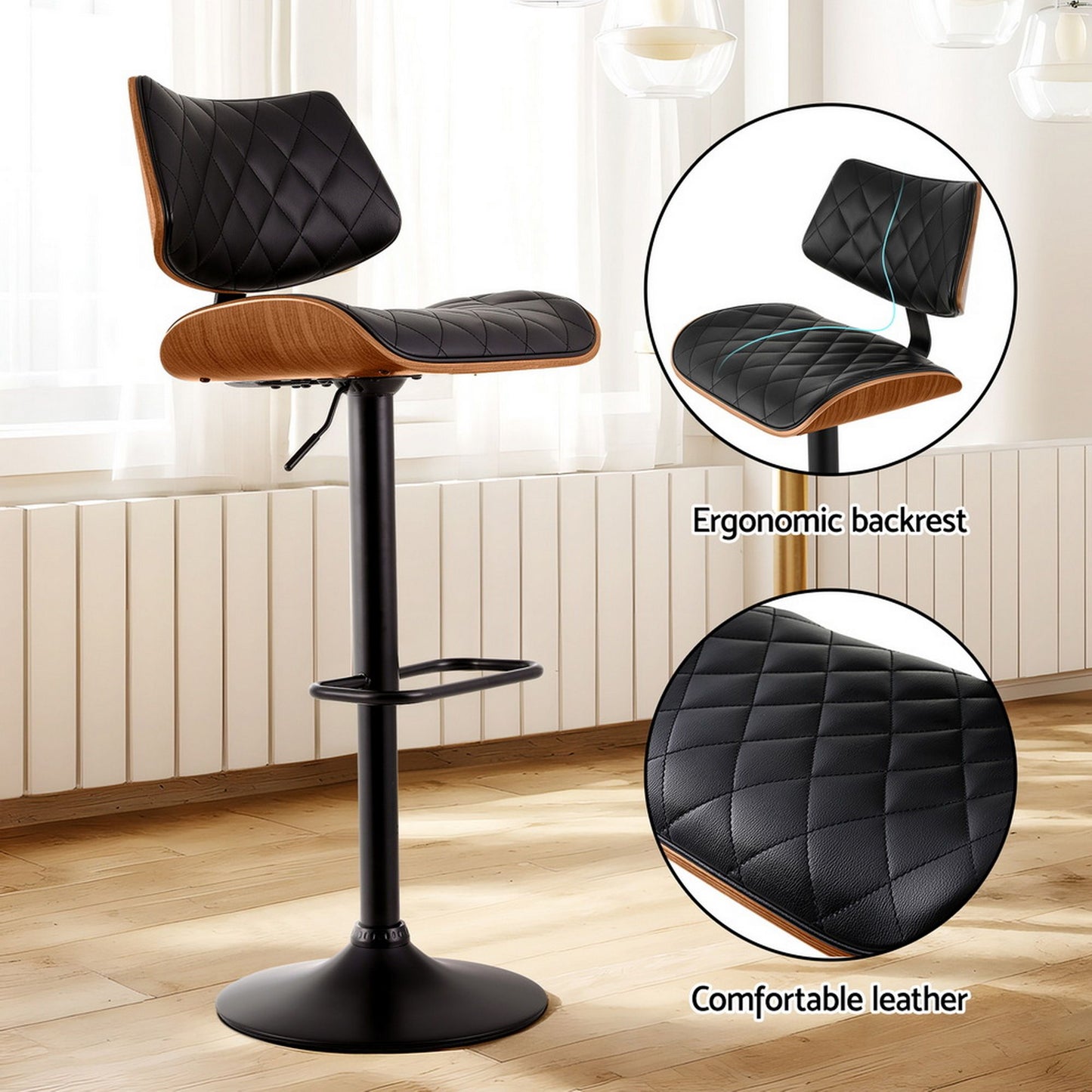 Artiss 2x Bar Stools Kitchen Dining Chairs Gas Lift Stool Wooden Leather Black BA-TW-8095-BKX2