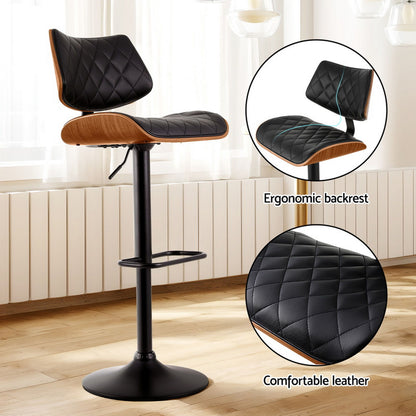 Artiss 2x Bar Stools Kitchen Dining Chairs Gas Lift Stool Wooden Leather Black BA-TW-8095-BKX2