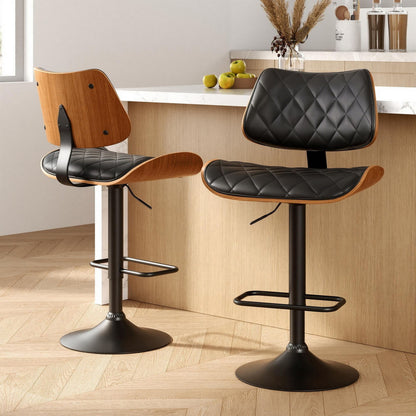 Artiss 2x Bar Stools Kitchen Dining Chairs Gas Lift Stool Wooden Leather Black BA-TW-8095-BKX2