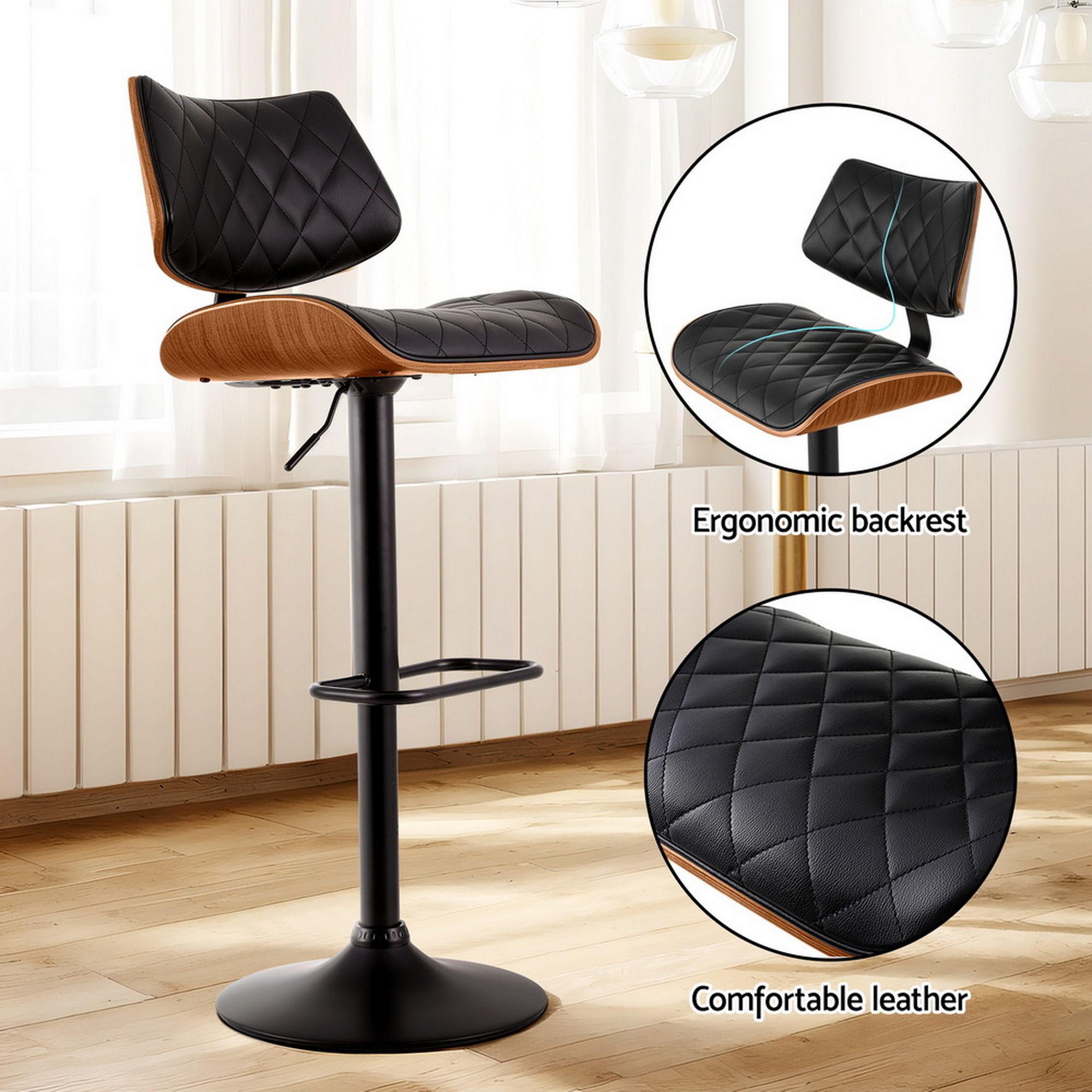 Artiss 4x Bar Stools Kitchen Dining Chairs Gas Lift Stool Wooden Leather Black BA-TW-8095-BKX4