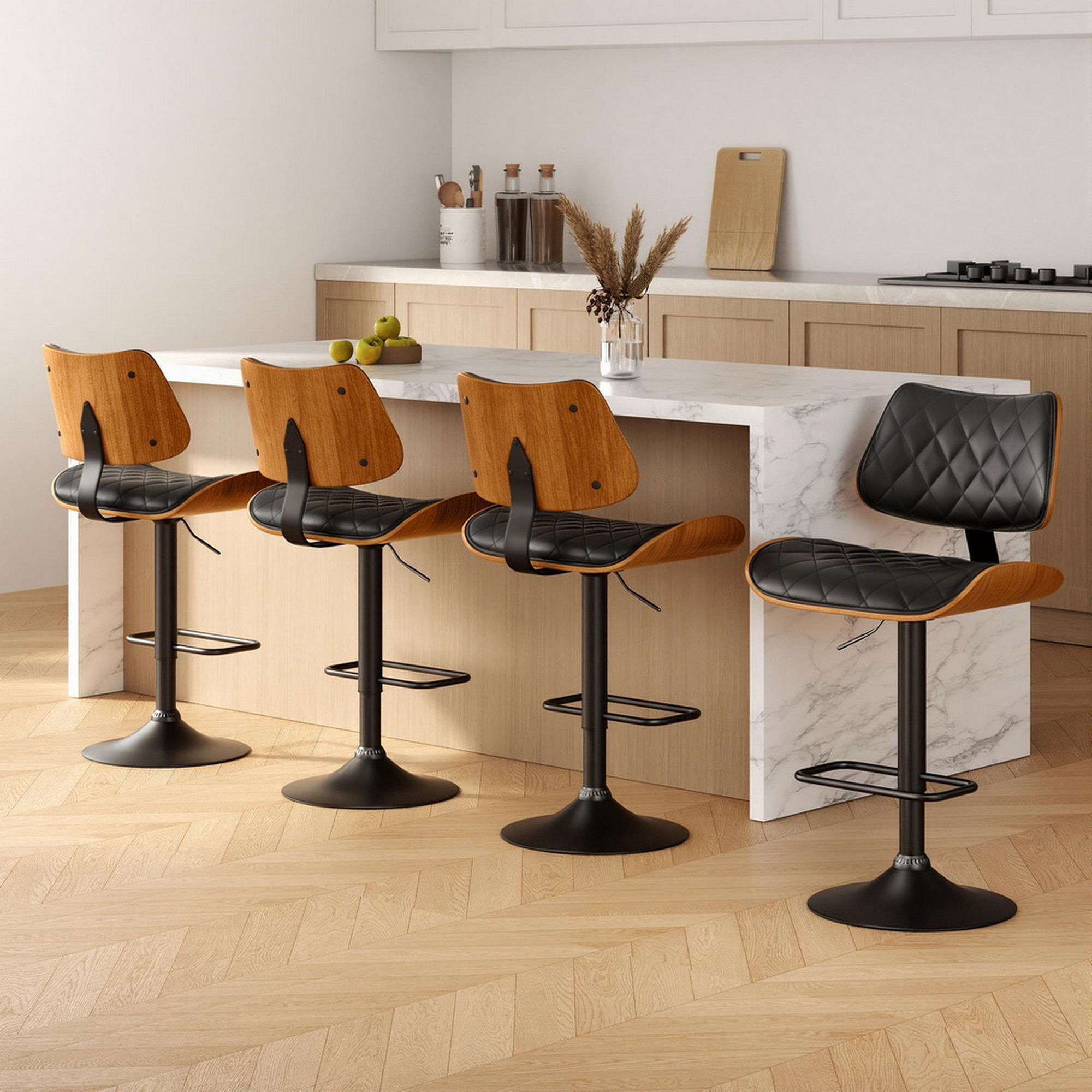 Artiss 4x Bar Stools Kitchen Dining Chairs Gas Lift Stool Wooden Leather Black BA-TW-8095-BKX4