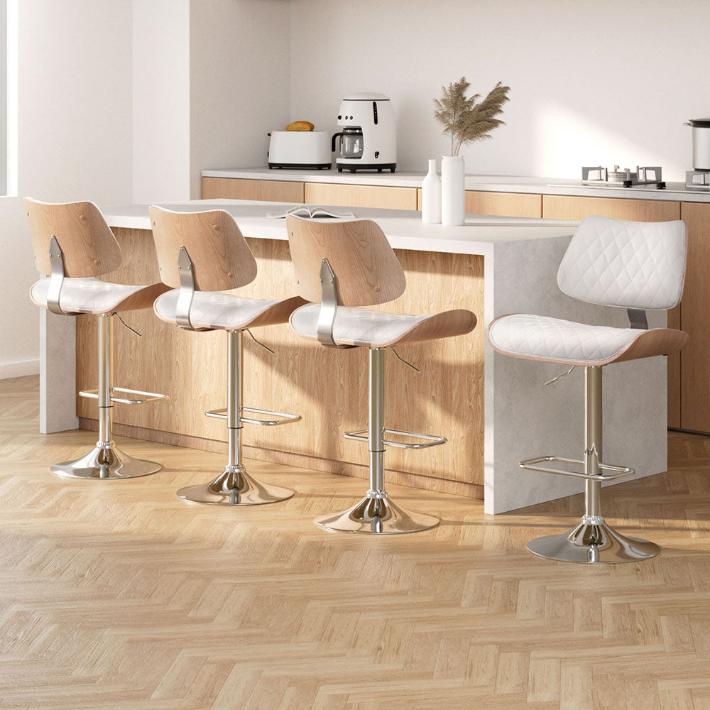 Artiss 4x Bar Stools Kitchen Dining Chairs Gas Lift Stool Wooden Leather White BA-TW-8095-WHX4
