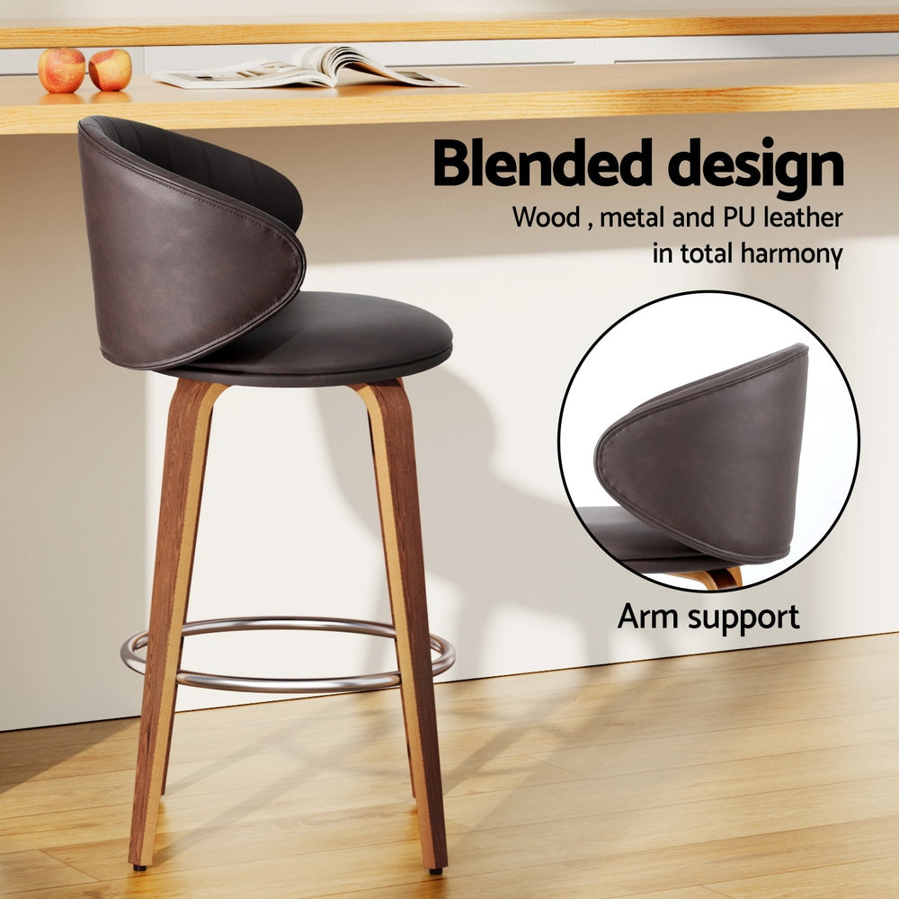 2x Artiss Bar Stools Dining Chairs Contoured Leather Wood Stool BA-TW-8186-BRX2