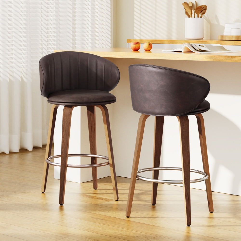 2x Artiss Bar Stools Dining Chairs Contoured Leather Wood Stool BA-TW-8186-BRX2