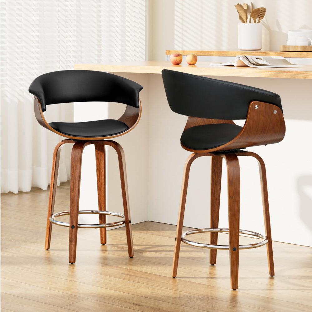 Artiss 2x Bar Stools Swivel PU Seat Wooden BA-TW-8201-BKX2