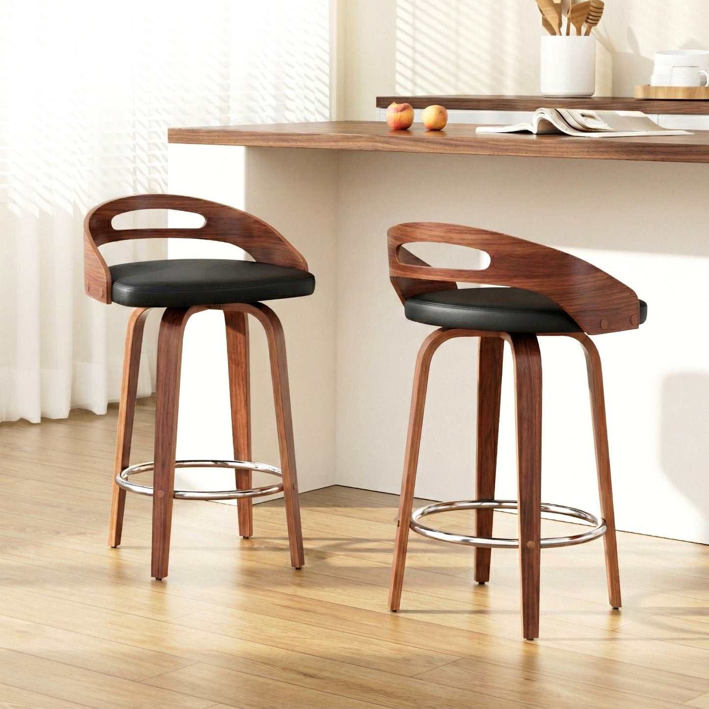 Artiss 2x Bar Stools Swivel Dining Chairs Low Back Counter Seat PU Cushion BA-TW-8566-BKX2-AB