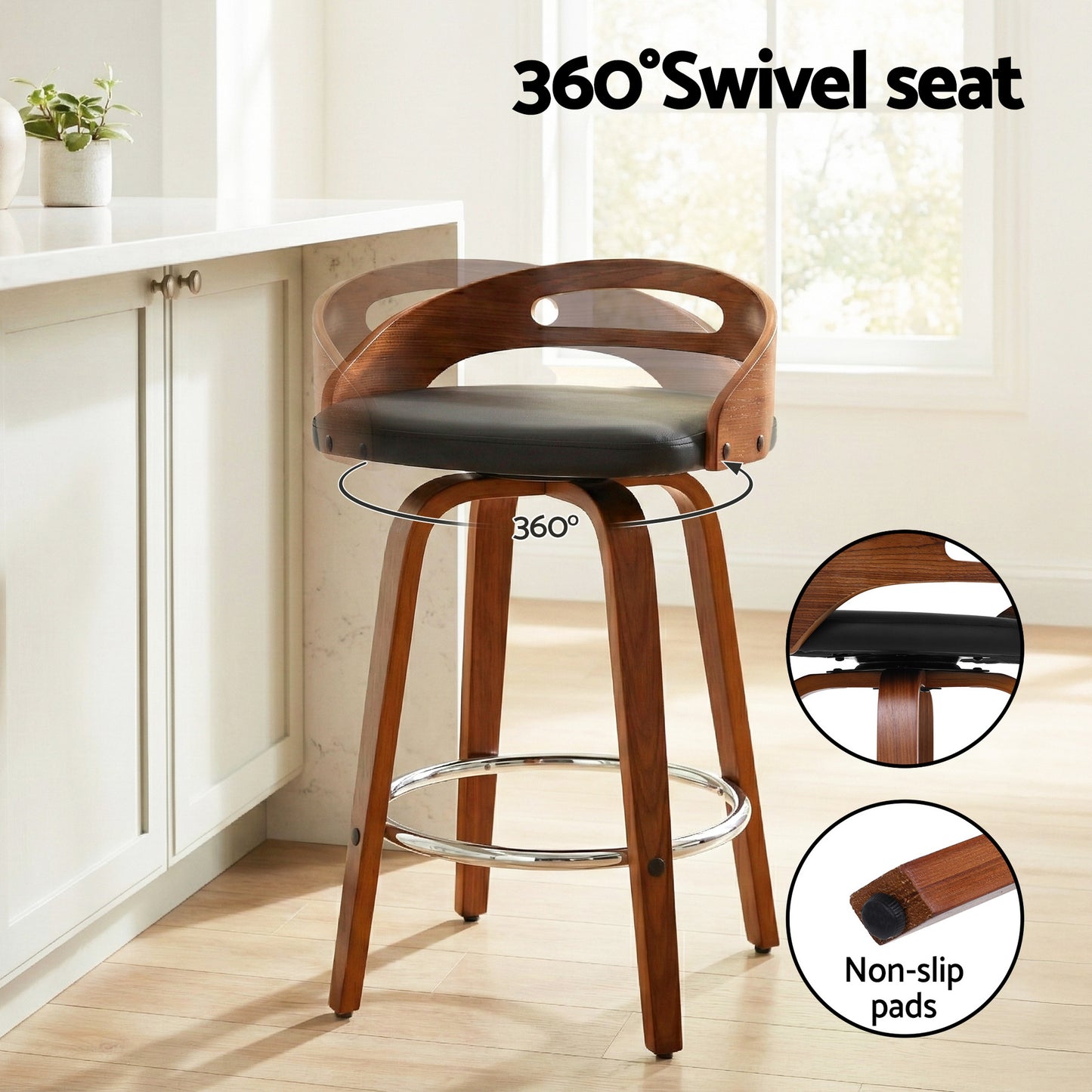 Artiss 4x Bar Stools Swivel Dining Chairs Low Back Counter Seat PU Cushion BA-TW-8566-BKX4-AB