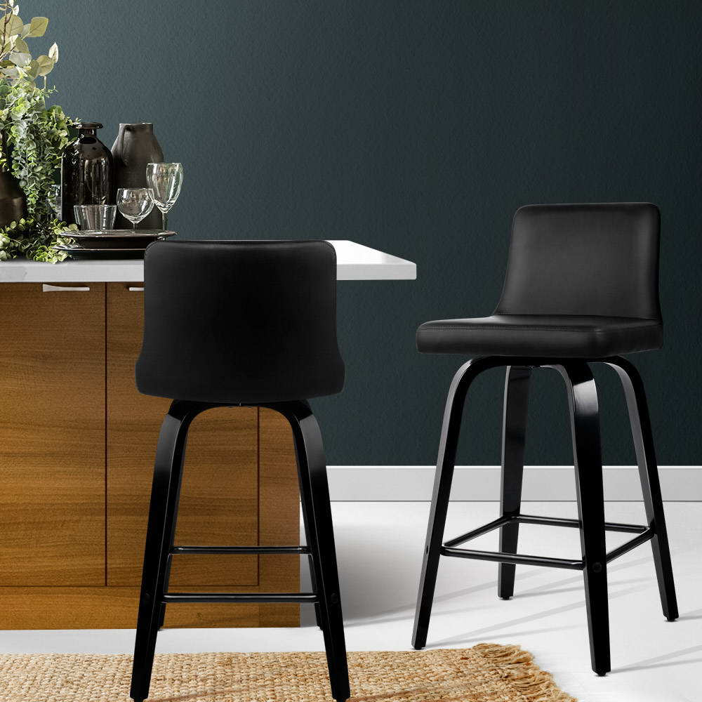 Artiss Bar Stools Kitchen Leather Barstools Swivel Wooden Chairs X2 BA-TW-8836-BKX2-AB