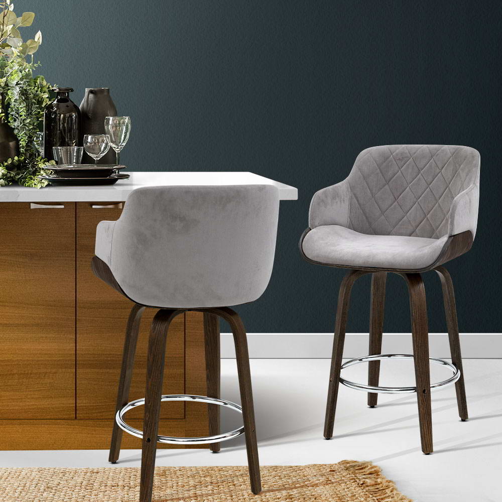 Artiss Bar Stools Swivel Velvet Padded Wooden BA-TW-8908-GY